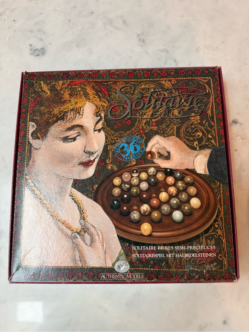 Vintage Authentic Models Solitaire Game Mahogany Board, 38 Semi-Precious Marbles